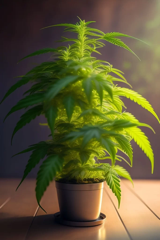 Eine schöne Cannabispflanze in einem Topf mit riesen Blättern und Blüten